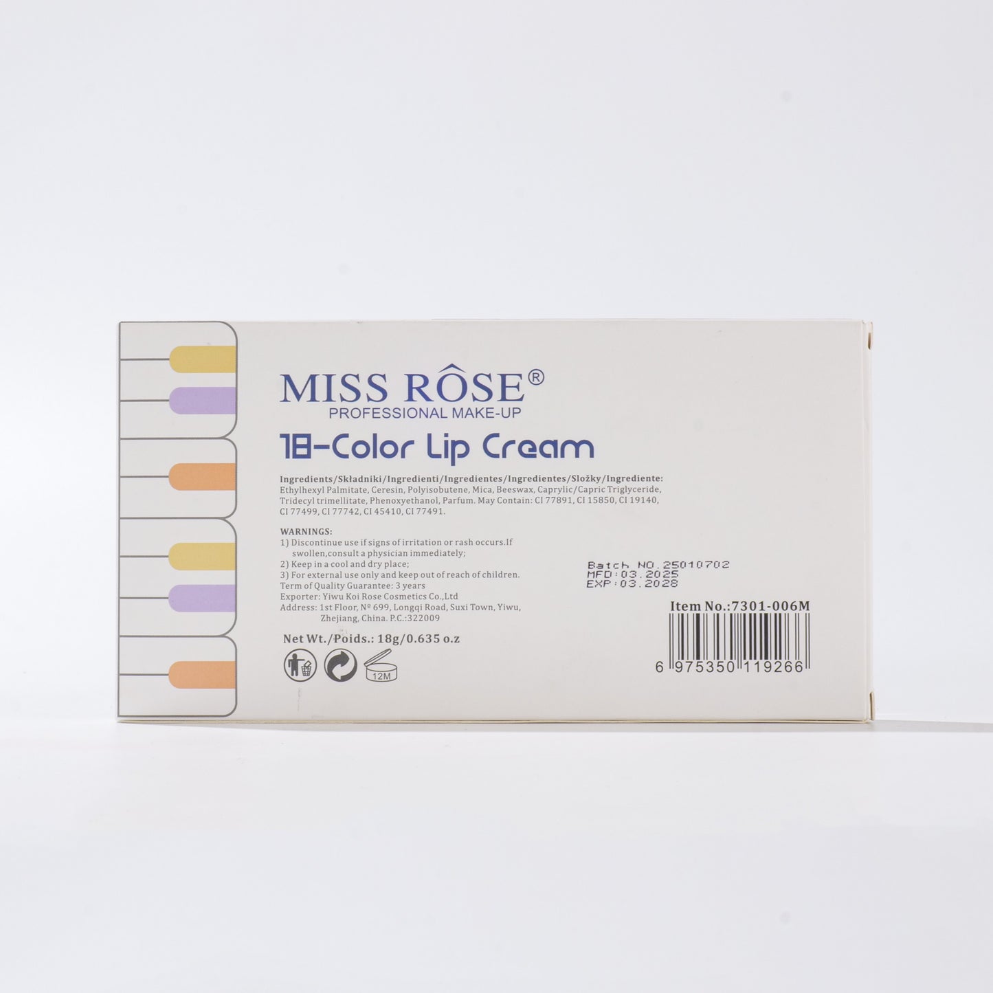 Miss Rose 18-colors Creamy Lipstick Palette | 7301-006M