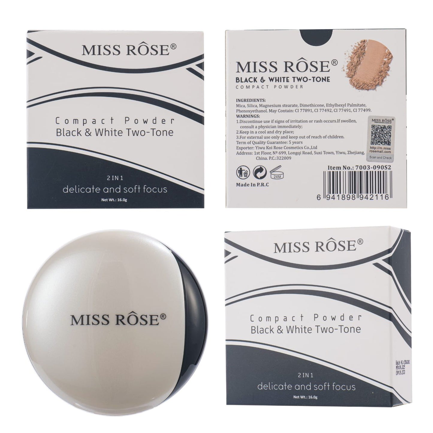 Miss Rose Black & White Two Tone Compact Powder | 7003-090S2
